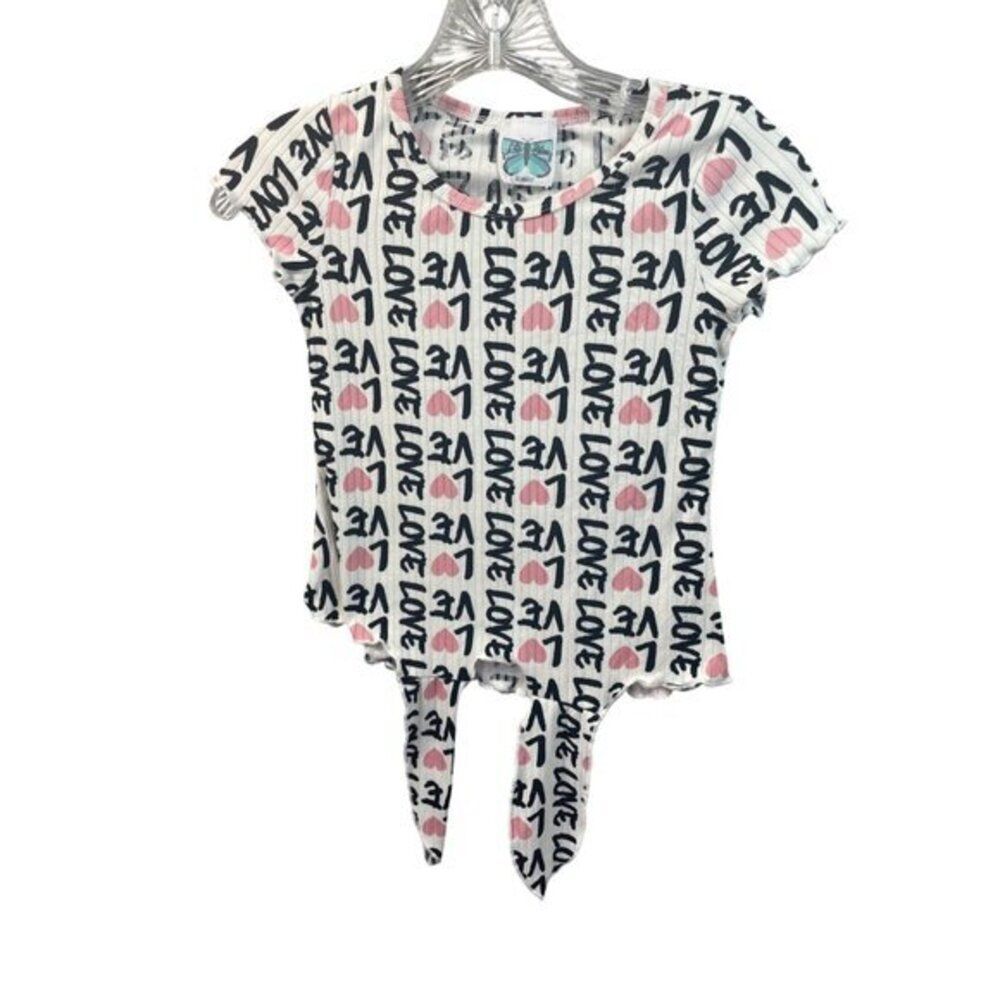 Lily Bleu Girls Love Print Ribbed Top With Ruffled Sleeves‎ & Tie Front